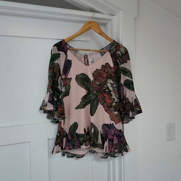 Badgley Mischka Floral Tie-Back 3/4 Sleeve Flutter Top in Dusty Rose Pink - Picture 5 of 15